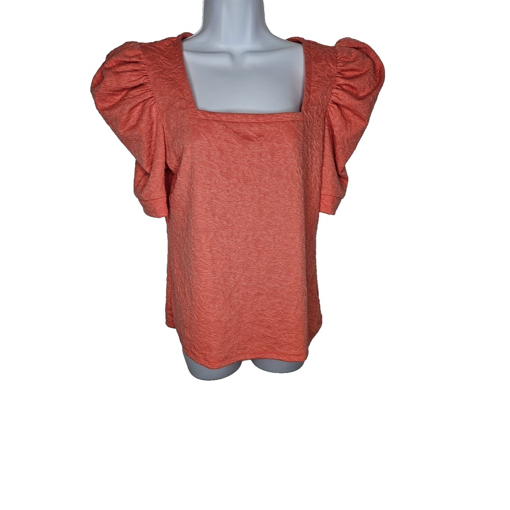 Nine West Puff Sleeve Square Neck Coral Textured Top Women's Size M Medium